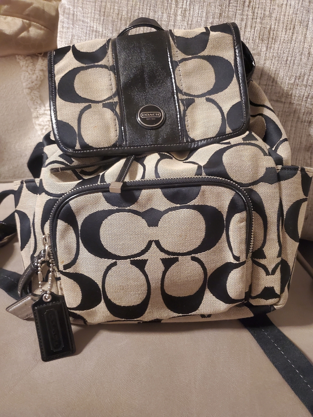 Coach Signature Canvas Backpack - Black and Beige Bag Womens